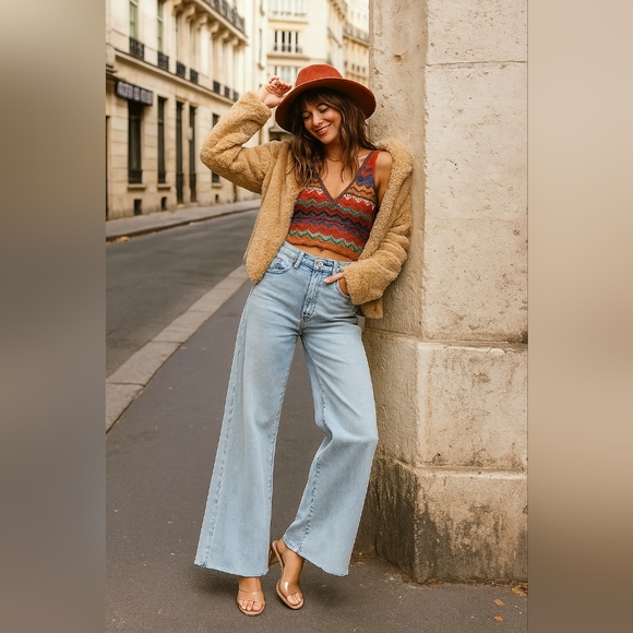 RISEN Palazzo High-Rise Ultra Baggy Wide Leg Cropped Ankle Jeans Denim Pants - Picture 4 of 16